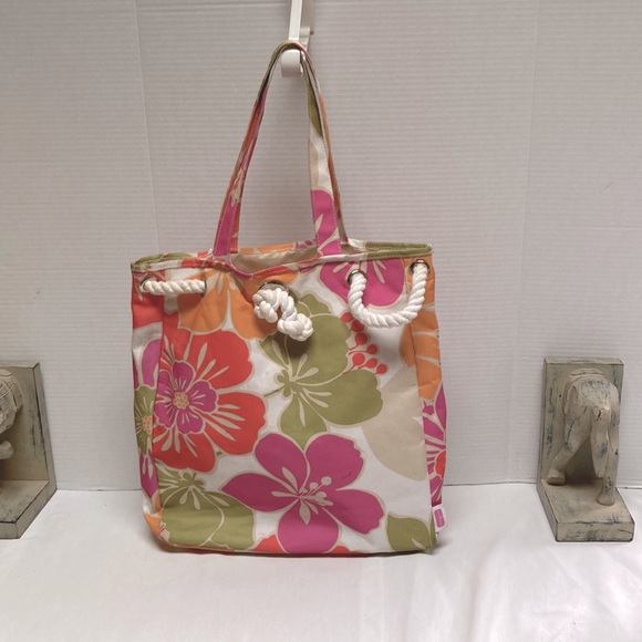 Hawaiian Floral Nautical Rope Tie with Handles Beach Tote Bag 13 x 13 x 3 inches - Picture 5 of 11